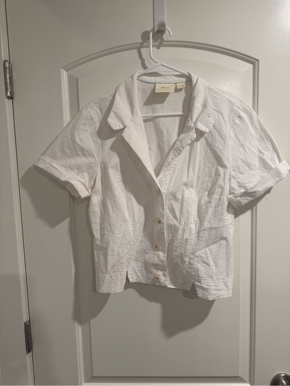 Anthropologie White Short-Sleeve Textured Button-Down Shirt